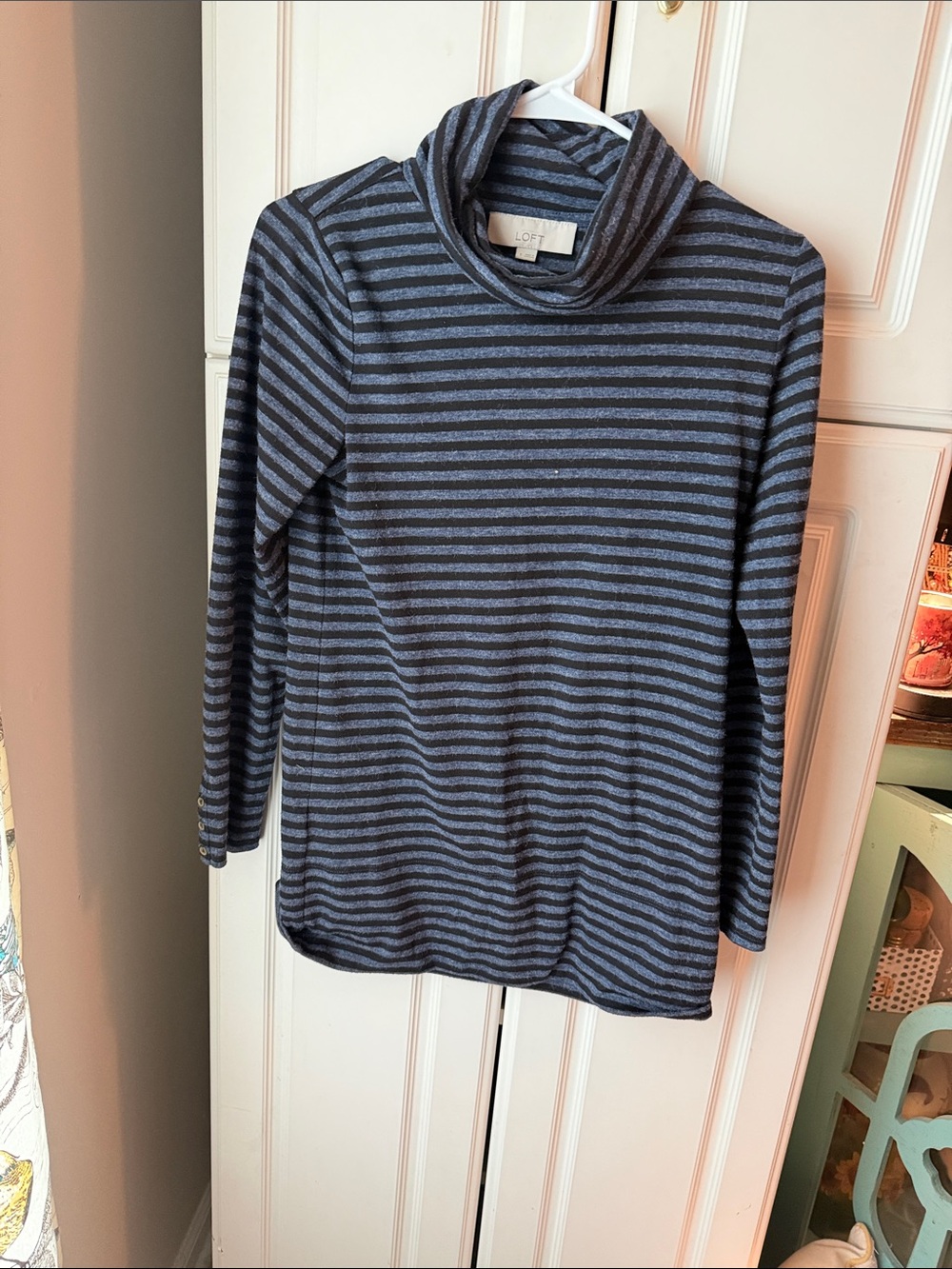 LOFT Navy and Charcoal Striped Turtleneck Top